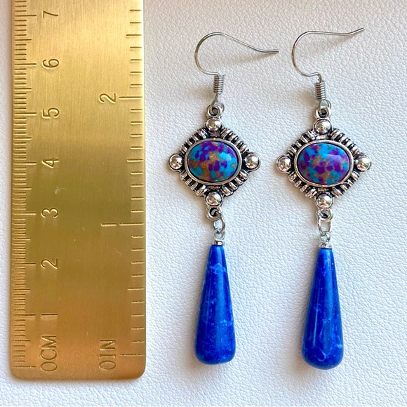 Blue Drop Dangle Earrings with Multicolor Stone Accents - Picture 2 of 3